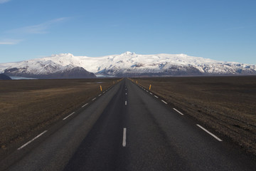 Highway 1 Iceland. Clear road covered in winter.ring road, route 1 in Iceland