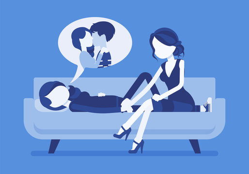 Broken heart girl, true friend to help. Young woman lying on sofa hurt after break up with boyfriend, painful romantic relationship, suffering from depression. Vector illustration, faceless characters