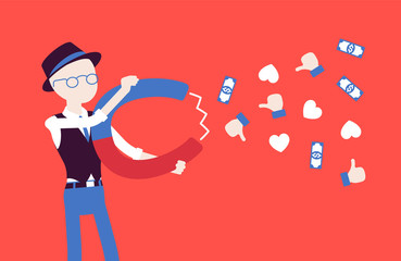 Popular male blogger attracting audience as magnet. Young happy boy writes material for a blog, marketing, social media texts with powerful attraction, earns. Vector illustration, faceless characters