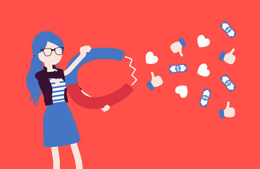 Popular female blogger attracting audience as magnet. Young happy girl writes material for blog, marketing, social media texts with powerful attraction, earns. Vector illustration, faceless characters