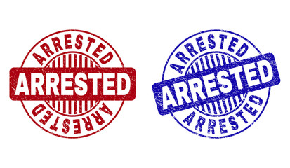 Grunge ARRESTED round stamp seals isolated on a white background. Round seals with grunge texture in red and blue colors. Vector rubber watermark of ARRESTED caption inside circle form with stripes.