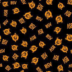 Сryptocurrency Bitcoin SV (Bitcoin Cash SV) - tickers and logos. Seamless pattern. Сhaotic funny orange cartoon lettering "BSV" and logos (icons). Isolate on black background.