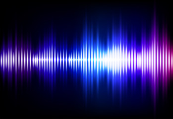 Wave sound neon vector background. Music flow soundwave design, light bright blue and purple elements isolated on dark backdrop. Radio beat frequency consist of lines
