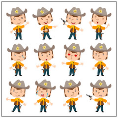 Set of boy cowboy in cartoon style in different poses and emotions isolated on white background