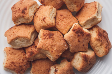 Top view of a pile tasty cookies with cinnamon
