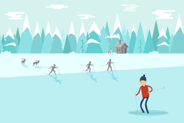 Winter Mountains landscape. Winter Christmas landscape with cartoon house and Season's Greetings. Winter Mountains landscape with hills.