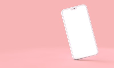 Smartphone mockup with blank white screen on a pink background. 3D Render