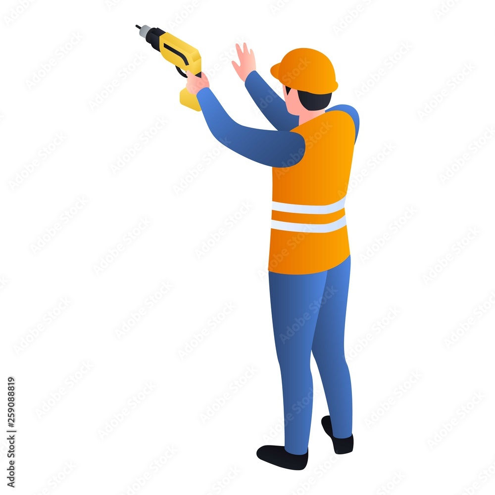 Poster worker with drill icon. isometric of worker with drill vector icon for web design isolated on white 