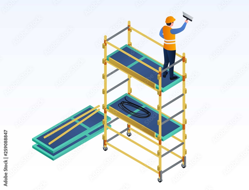 Poster worker putty on scaffold banner. isometric illustration of worker putty on scaffold vector banner fo