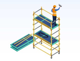 Worker putty on scaffold banner. Isometric illustration of worker putty on scaffold vector banner for web design