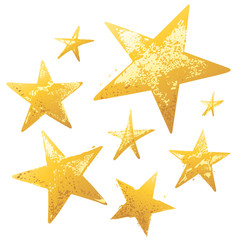 Set of gold hand drawn vector stars isolated on white background. 