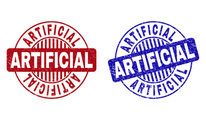 Grunge ARTIFICIAL round stamp seals isolated on a white background. Round seals with grunge texture in red and blue colors. Vector rubber imprint of ARTIFICIAL tag inside circle form with stripes.