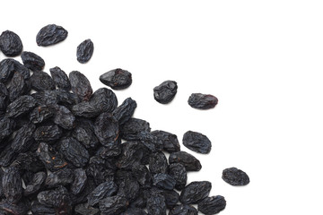 black raisins isolated on white background. top view