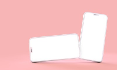 Smartphone mockup with blank white screen on a pink background. 3D Render