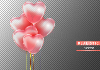 Realistic pink 3d transparent balloons heart shape on transparent background.