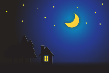 Fantasy landscape at night. Moon on sky vector illustration.
