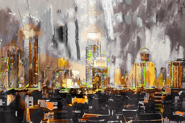 Digital painting of buildings in big city in multicolor