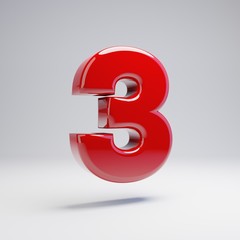 Volumetric glossy red number 3 isolated on white background.