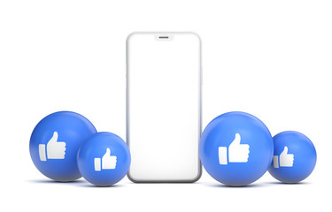 Smartphone mockup with blank white screen and social media thumbs up. 3D Render