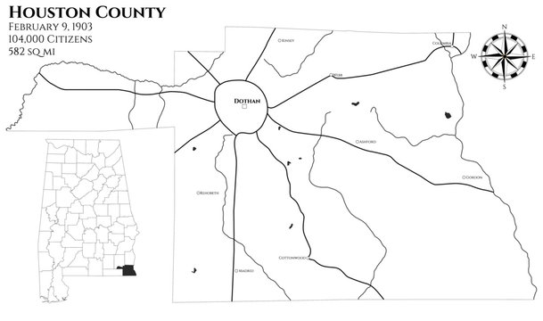 Large and detailed map of Houston county in Alabama, USA