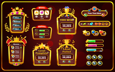 Game pop-up window with main menus, panel with buttons.
