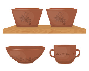 Ceramic pottery. Beautiful clay cups with decorative ornament.