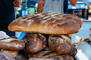 Traditional french bread in food market stall