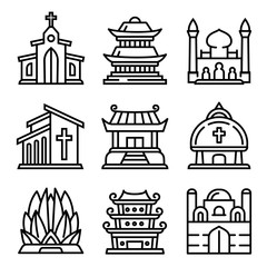 Temple icons set. Outline set of temple vector icons for web design isolated on white background