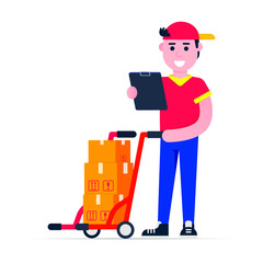 Fast delivery boy character with clipboard and trolley and boxes on it flat style design vector illustration. Delivery man with clipboard in his hands. Symbol of delivery company. Fast and free.