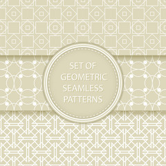 Compilation of geometric seamless patterns. Olive green and white mixed shapes backgrounds