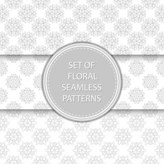 Gray and white floral seamless patterns. Compilation of designs with flowers
