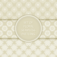 Olive green and white floral seamless patterns. Compilation of designs with flowers