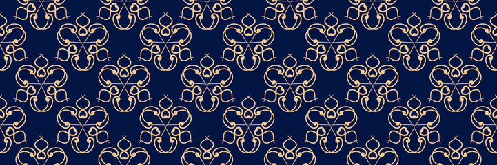 Long seamless background. Dark blue backdrop with abstract golden pattern