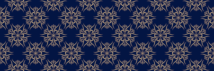 Floral seamless pattern. Golden design on dark blue background