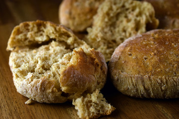 Freshly baked homemade bread rolls close up
