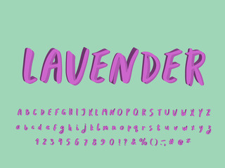 Paintbrush Alphabet lavender color. Vector letters and numbers