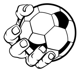 A strong hand holding a soccer football ball. Sports graphic