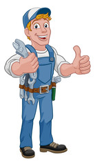 Mechanic plumber maintenance handyman cartoon mascot man holding a wrench or spanner. Giving a thumbs up