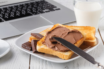 typical high-calorie breakfast with toast and peanut butter