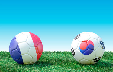 Two soccer balls in flags colors on green grass. France and South Korea. 3d image