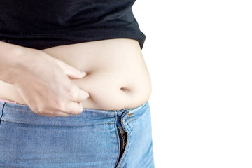 Naklejka premium fat woman with big belly ,overweight or diet concept isolated on white background