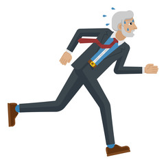 A stressed and tired looking mature businessman running as fast as he can to keep up with his workload or compete. Business concept illustration in flat modern cartoon style