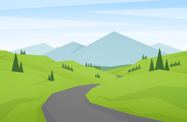 Cartoon flat summer mountains landscape with green hills, road and peaks.