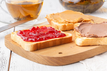 typical high-calorie breakfast with toast and peanut butter