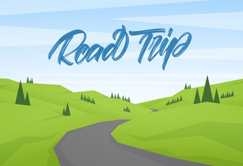 Naklejka premium Vector cartoon flat summer landscape with handwritten type lettering of Road trip