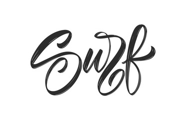 Handwritten brush type lettering of Surf on white background.