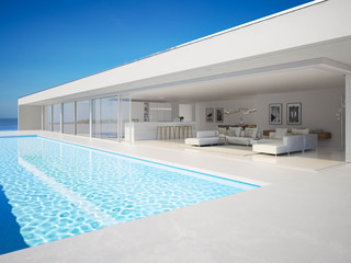 3D-Illustration. modern luxury summer villa with infinity pool - obrazy, fototapety, plakaty