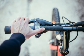 Bicycle handlebar and breaks, bike repair, blurred background
