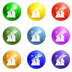 War fire city icons vector 9 color set isolated on white background for any web design 