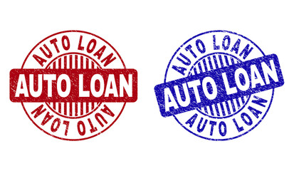 Grunge AUTO LOAN round stamp seals isolated on a white background. Round seals with grunge texture in red and blue colors. Vector rubber overlay of AUTO LOAN label inside circle form with stripes.